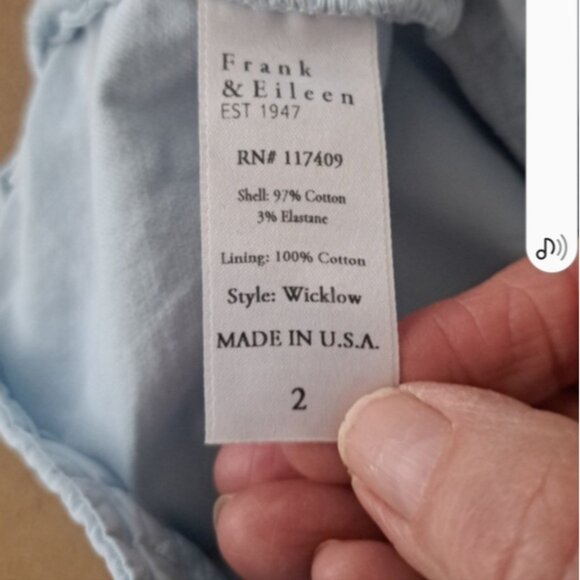 Frank &Eileen Wicklow Pant The Italian Chino in Cloud Blue color. SZ 2 Excellent - Picture 6 of 8